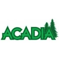 Acadia logo with green text and pine trees